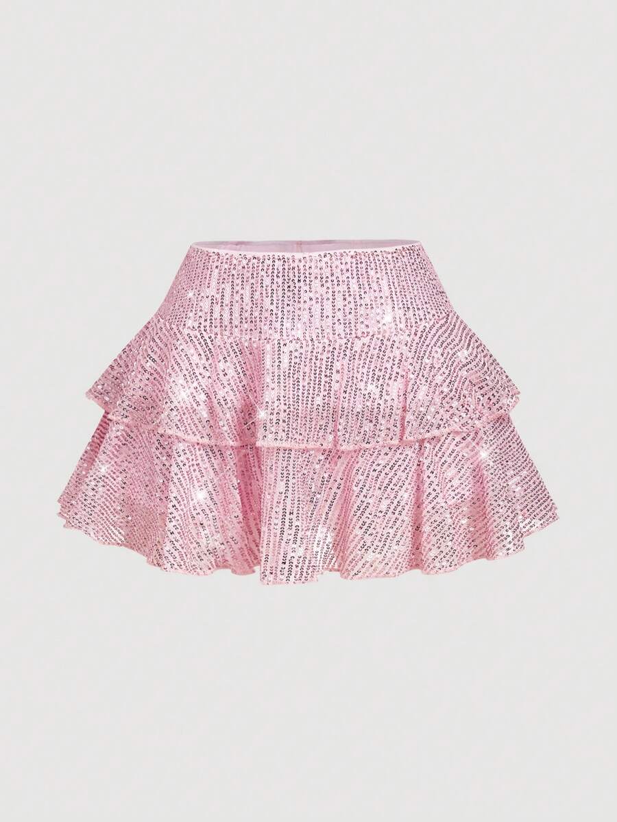 SHEIN MOD 女士时尚派对亮片低腰多层荷叶边迷你裙 - 粉色 - 查看 1