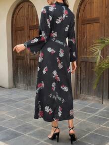 DAZY Damen Kleid mit V-Ausschnitt, tailliert, Langarm, Blumendruck, Sommerkleid für Frauen - Schwarz - Übersicht 5