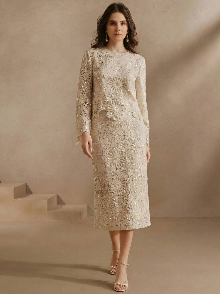 Anewsta Nouveauté printemps : Ensemble top et jupe midi romantique à sequins et crochet ajouré, orné de découpes romantiques. - Nude - Voir 4