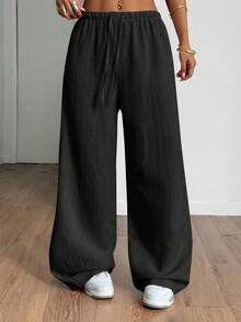 SHEIN PETITE 女士夏季纹理直筒裤 - 黑色 - 查看 3