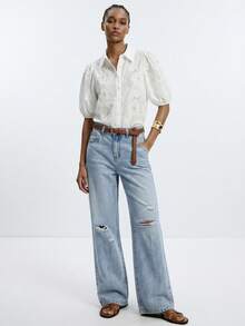 Maija 女士短款泡泡袖单排扣镂空休闲衬衫 - 白色 - 查看 5