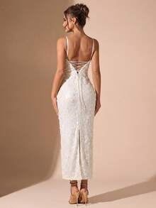 SHEIN BAE 女士亮片吊带露背系带性感优雅鸡尾酒会礼服，适合夜店、派对、正式场合、圣诞节等场合。 - 杏色 - 查看 2