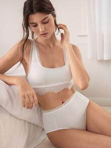 Ocili Women's Simple Comfortable Wireless Contrast Lace Bra - White - View 7