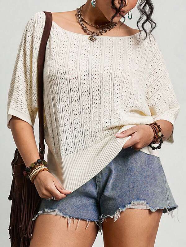 Freevana Plus Size Knit Sweater, Plus Size Textured Jacquard Knit Sweater, Plus Size Apricot Sweater, Hollow Floral Pattern Sweater, Boat Neck Batwing Sleeve Sweater Plus-Size Women'S Fashionable And Elegant Apricot Y2k Style Short-Sleeved Knit Top, Suitable For Spring, Summer And Autumn, And Also For Commuting.Plus-Size Women'S Casual, Minimalist, Vacation-Style Multi-Functional Knitted Pullover, Apricot Color, Suitable For Casual Vacation Wear, Two Ways To Wear, Can Be Worn Off-The-Shoulder.Retro Gothic Style Openwork Top, Openwork Top, See-Through Top, Black Mesh Top,Commute Minimalist Office Old Money Blouset,Suitable For Daily Wear, Everyday Commute & Outdoor Essential,Casual Daily Wear,Elegant Daily Party Event