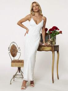 Aloruh Đầm bodycon màu trắng lưới, cổ yếm buộc dây, họa tiết hoa 3D thủ công, cổ chữ V sâu, xẻ tà cao, thích hợp cho mùa cưới. - trắng - Xem 4