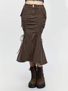 ROMWE Fairycore Chân váy denim màu nâu dáng đuôi cá, cạp siêu trễ, kiểu nàng tiên Mori cổ điển dành cho nữ, có túi hộp. - màu nâu - Xem 1