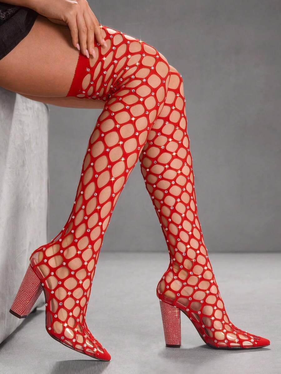 CUCCOO SZL 尖头粗跟性感迷人镂空设计舞台派对时尚过膝长靴，适合春季、春假、复活节和情人节穿着。 - 紅色 - 查看 1