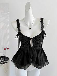 Sweetra Y2K Aesthetic Sexy Bowknot Design Casual Classic Black Blouse, American Subculture Style, Spring/Summer New Arrival - Black - View 3