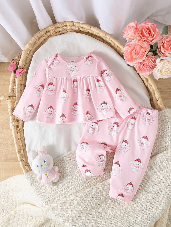 2 piezas Conjunto de top de manga larga y pantalones para bebé niña recién nacida, estampado digital de conejo lindo, tela de punto, estilo encantador, color rosa