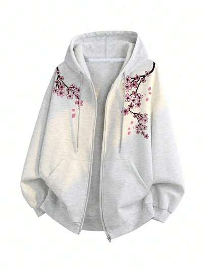 Manfinity Dauomo Men's Casual Hooded Zip-Up Jacket, Maple Leaf Print Design, High-Quality, Suitable For Daily Wear, Students, Outdoor, Comfortable And Versatile, Autumn