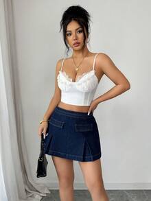 Elenzga 女士修身A字牛仔裙 - 深色水洗藍 - 查看 8