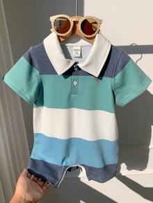 SHEIN Newborn Baby Boy Bright Blue Summer Casual Family Matching Knitted Letter Color Block Romper For Birthday,Wedding,Baptism,Baby Shower & Celebration - Multicolor - View 6