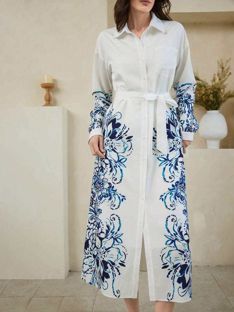 Collared Tie-Waist Chinese Style Print Midi Dress For Women, Vacation Sundress