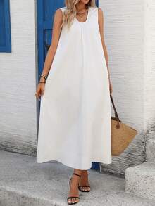 Silhoulove Women's Solid Color Casual Loose Sleeveless Dress, Suitable For Vacation - White - View 4