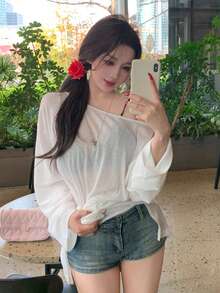 DAZY Áo thun nữ dáng rộng, vai rớt, xẻ tà, màu trơn, thích hợp cho mùa hè. - trắng - Xem 4