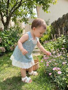 女婴休闲拼接格子波点提花蝴蝶结装饰荷叶边下摆可爱清新连衣裙 - 綠色 - 查看 4