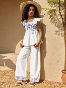SHEIN White National Style Blue Embroidered Top & Wide Leg Pants Set, Summer Casual Holiday Tea Party Outfit, Square Collar Waist Doll Shirt For Tween Girl - Blue and White - View 5