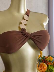 Swim SXY Bộ 3 món màu trơn phối kim loại, áo quây bất đối xứng, quần cạp cao và chân váy xếp ly, đồ bơi gợi cảm cho nữ, thích hợp cho mùa xuân/hè. - Cà phê nâu - Xem 8