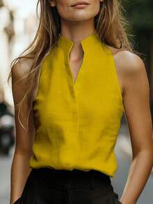 Balvessa Women's Sleeveless Stand Collar Linen-Like Casual Tank Top, Versatile And Slimming For Commuting - Yellow - View 3