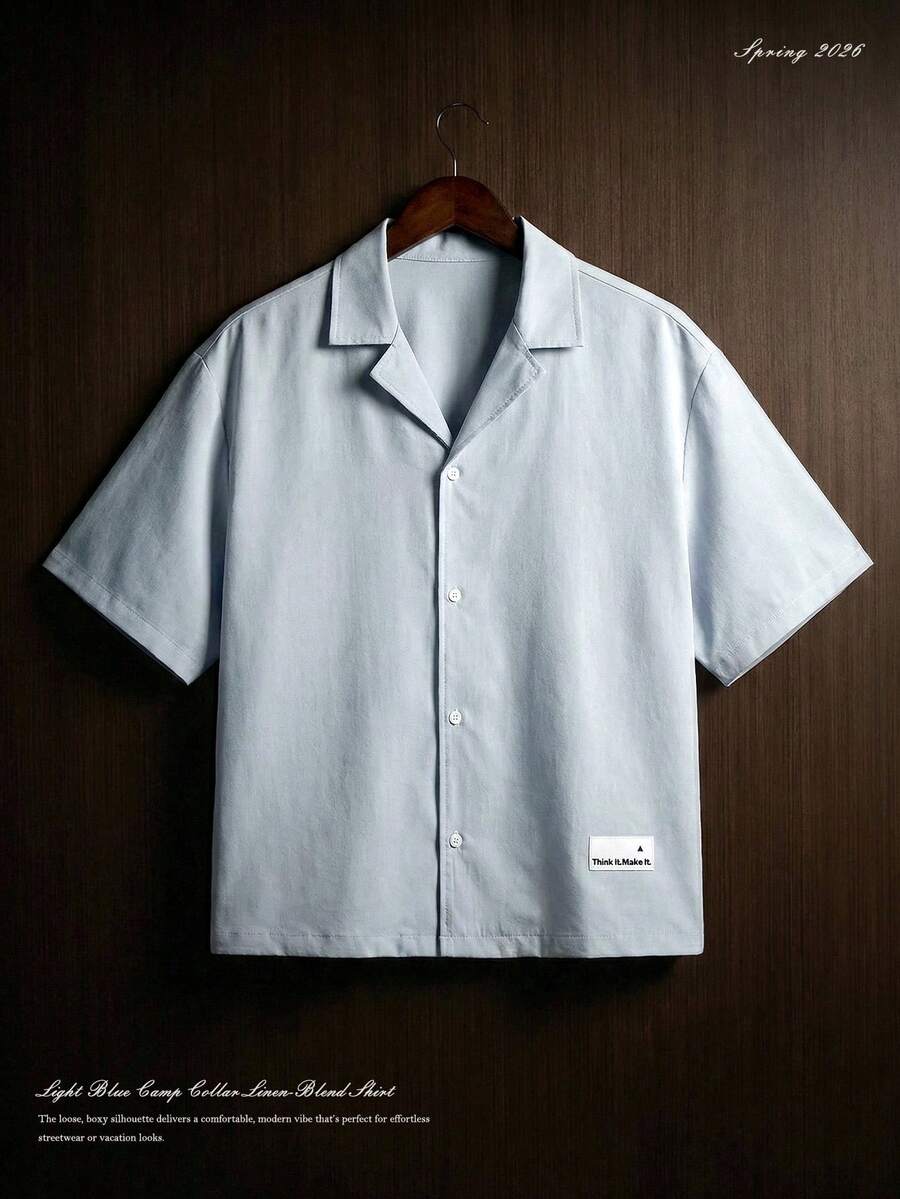 TOKVUE Camisa de manga corta minimalista y casual de unicolor para hombres - Celeste - Ver 1