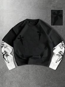 ROMWE MEN 男士休闲圆领二合一十字图案T恤 - 黑色 - 查看 1