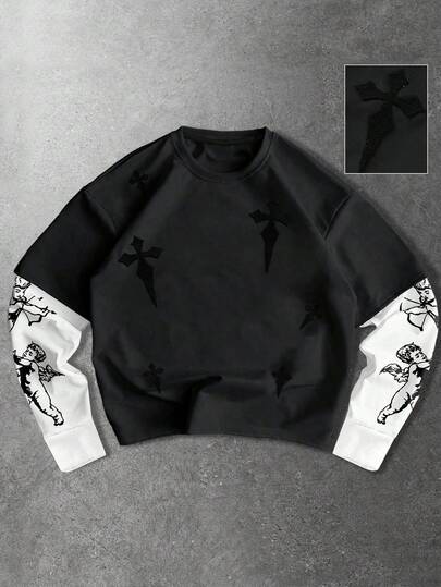 ROMWE MEN قميص تي شيرت رجالي كاجوال بياقة مستديرة بنمط متقاطع 2 في 1