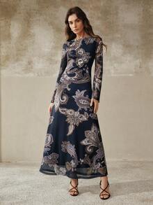 Anewsta Đầm ôm dáng thanh lịch, thiết kế eo thon, họa tiết hạt điều ngẫu nhiên, trang phục đi nghỉ mát cho nữ, thích hợp từ mùa xuân đến mùa hè. - Màu xanh hải quân - Xem 3