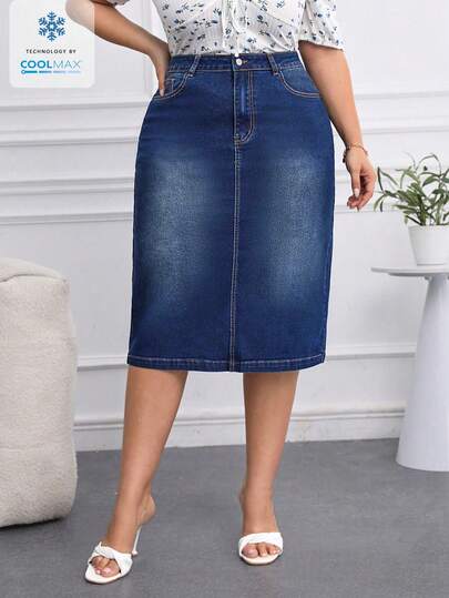 EMERY ROSE Plus Size Blue Simple Everyday Denim Stretch Skirt