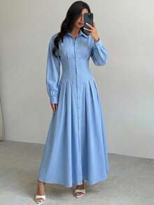 Firerie 女士休闲优雅系带纽扣连衣裙，适合通勤/蓝色A字裙/流行色/春季服装/教师装/精致衬衫裙/女士休闲连衣裙/显瘦连衣裙/女士正式连衣裙 - 藍色 - 查看 3