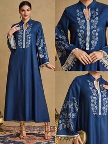 Al Najma Áo tunic dáng rộng in họa tiết retro màu chàm cho nữ, điểm nhấn là cúc ngọc trai và tua rua, tôn dáng cho trang phục hàng ngày. - Màu xanh hải quân - Xem 1
