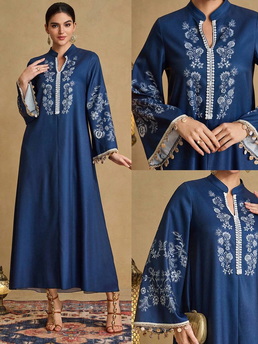 Al Najma Áo tunic dáng rộng in họa tiết retro màu chàm cho nữ, điểm nhấn là cúc ngọc trai và tua rua, tôn dáng cho trang phục hàng ngày. - Màu xanh hải quân - Xem 1