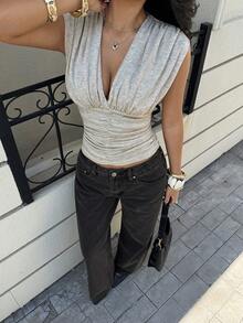 Siren Gaze 女士休闲褶皱V领无袖T恤，夏季 - 杏色 - 查看 5