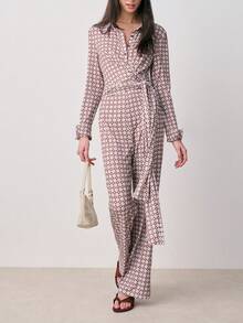 Nöista Printed Jumpsuit Features Long Sleeves, A Classic Shirt Collar With Front Buttons, A Fittedwaist With A Self-Tie Belt, And A Wide-Leg Silhouette For A Flattering. Spring, Summer, Total Look, Women, - Brown - View 1