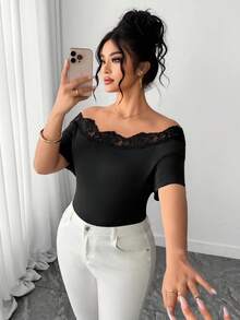 Elenzga Áo kiểu nữ cỡ lớn thanh lịch, trễ vai, phối ren, tay ngắn, thắt eo, phù hợp công sở, áo mùa xuân/hè, áo ren nữ, áo trễ vai, áo gợi cảm. - màu đen - Xem 6