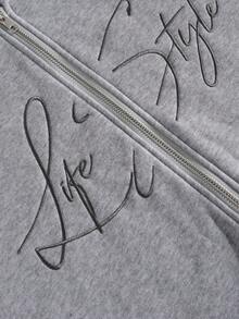 TOKVUE 男士字母刺绣拉链连帽衫和运动裤套装，休闲款 - 灰色 - 查看 4