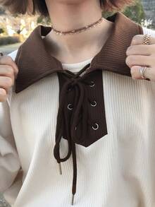 FRIFUL Women's Apricot Patchwork Contrast Color Drawstring Bow Textured Loose Casual Versatile T-Shirt - Apricot - View 4