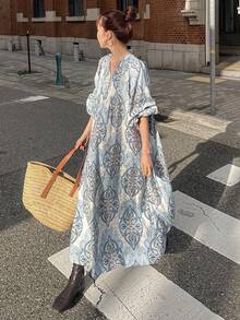 FRIFUL 女士全印花腰部拼接褶皱宽松休闲百搭春季长款睡袍 - 藍色 - 查看 3