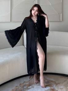 Dazy Plus Plus Size Women Solid Color Contrast Lace Front Tie Flare Sleeve Robe Pajamas - Black - View 7