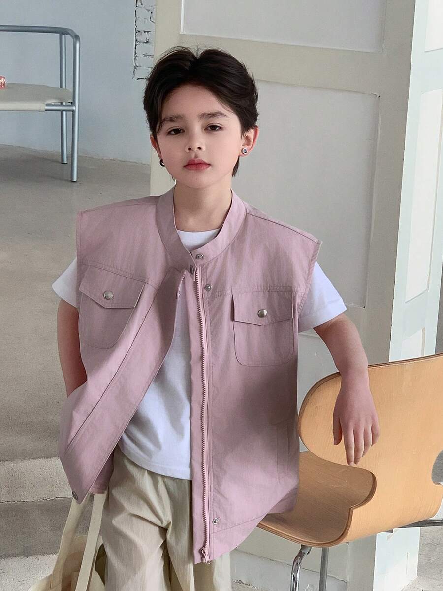 DAZY 男童休闲纯色无袖宽肩外套，春夏款 - 粉色 - 查看 1