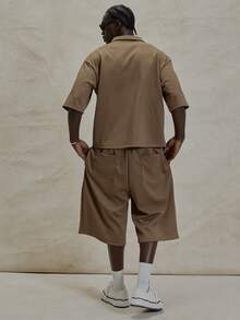 Musero Oversized Short Sleeve Extreme Drop Shoulder Collared V Neck Shirt Top Co Ord Set Basic Style Short Winter Essentials - Brown - View 2