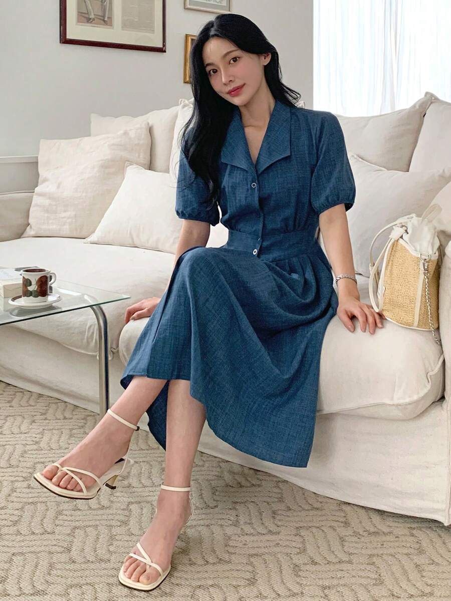 DAZY 女士翻领衬衫裙，收腰设计，短袖，优雅中长款连衣裙 - 藍色 - 查看 1