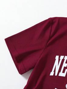 SHEIN 一件式短袖休闲印花春夏少女夏季通勤套装，运动休闲直筒裤，短袖轻便舒适两件套。 - 酒紅色 - 查看 4