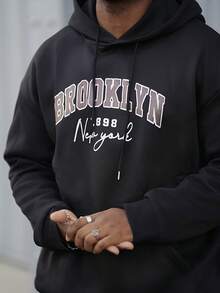 Heavens Edit 男士波士顿字母印花休闲连帽卫衣，返校季，秋冬季，长袖上衣 - 黑色 - 查看 3