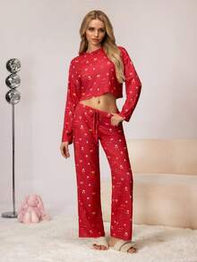 SHEIN Women's All-Over Print Long Sleeve Top And Pants Pajama Set - Red - View 3