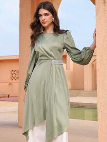 Graceveil Elegant Women's Beaded Asymmetrical Ruched Waist Long Sleeve Blouse, Slim Fit, High-End French Style - Green - View 4