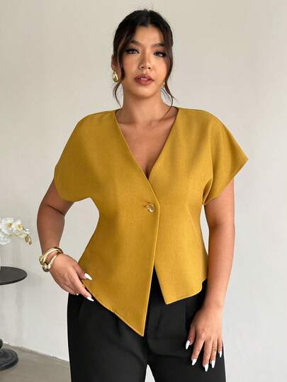 Firerie Chemise décontractée à manches courtes, col en V, boutons, couleur unie, grande taille