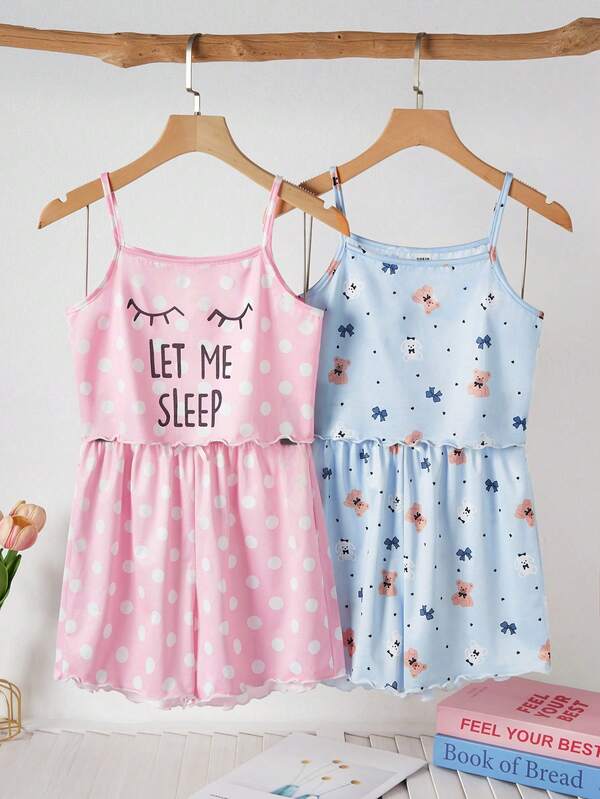 3件套女童休闲可爱卡通爱心、蝴蝶结、樱桃印花背心短裤睡衣套装，夏季