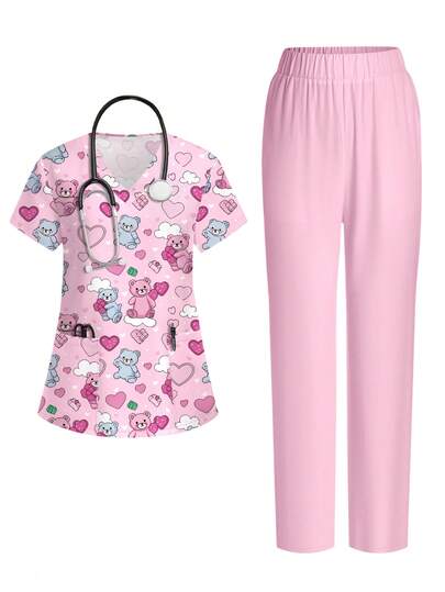 PopScrub Cute Cartoon Bear & Heart Print V-Neck Short Sleeve Pocket Nursing Scrub Uniform Set For Women