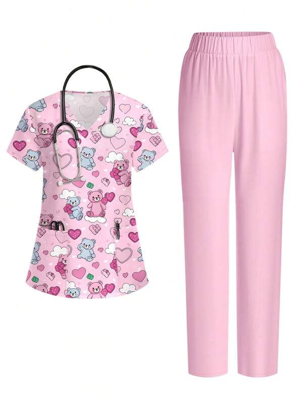 PopScrub Cute Cartoon Bear & Heart Print V-Neck Short Sleeve Pocket Nursing Scrub Uniform Set For Women