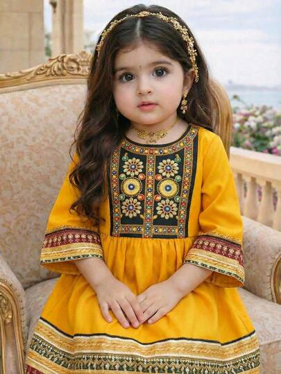 SHEIN Baby Girl Elegant Vintage Print Long Dress